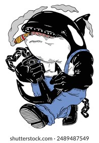 ilustración del personaje de la mascota del marinero de la ballena orca que fuma un cigarrillo mientras sostiene el ancla y la cadena