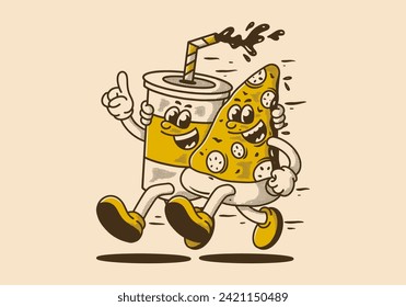 Mascot character illustration of running pizza and soft drink