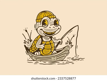 Mascot character illustration of the turtle fishing on the boat, in vintage style