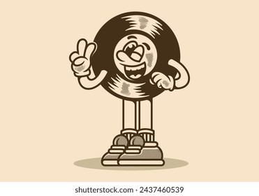 Mascot character illustration of a vintage vinyl with hand forming peace symbol