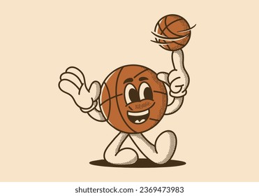 Mascot character illustration of walking basketball spin the ball, design in vintage style