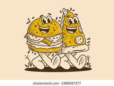 Mascot character illustration of walking burger and pizza