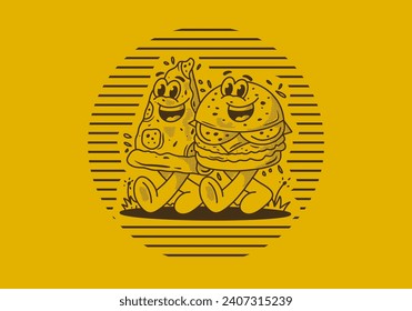 Mascot character illustration of walking burger and pizza