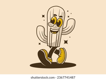 Mascot character illustration of walking cactus in vintage or retro style