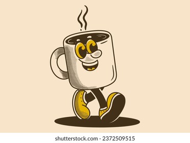 Mascot character illustration of walking coffee mug in vintage or retro style