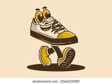 Ilustración de caracter mascota del zapato de caminar en estilo vintage o retro