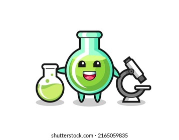 Carácter mascota de los vasos de laboratorio como científico, diseño de estilo lindo para camisetas, pegatinas, elemento logo