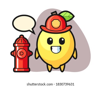 Mascot character of lemon as a firefighter