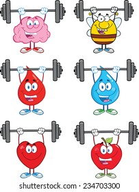 Mascot Character Lifting Barbell. Vector Collection Set
