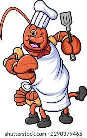 the mascot character of a lobster works as a professional chef posing with holding a spatula of illustration