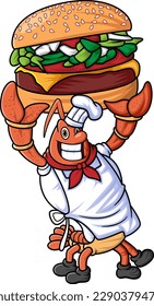 the mascot character of a lobster works as a professional chef posing with a big and delicious hamburger of illustration
