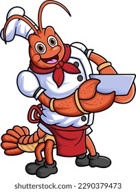 the mascot character of a lobster works as a professional chef carrying a bowl of illustration