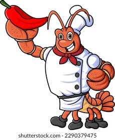the mascot character of a lobster works as a professional chef posing with holding a big chili of illustration