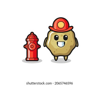 Carácter mascota de las heces sueltas como bombero, diseño de estilo lindo para camisetas, pegatinas, elemento logo