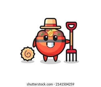 Mascot character of meatball bowl as a farmer , cute design