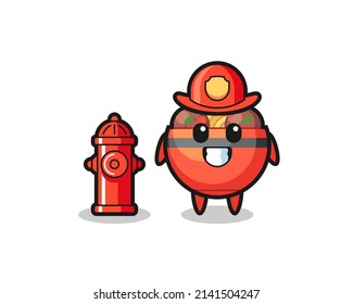 Mascot character of meatball bowl as a firefighter , cute design