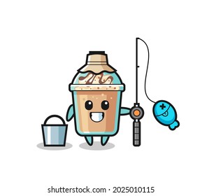 Mascot character of milkshake as a fisherman , cute style design for t shirt, sticker, logo element