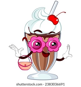 mascot character of a milkshake glass with a cute flirty face wearing unique floral glasses and carrying a pretty handbag, isolated cartoon vector illustration. emoticon, cute milkshake glass mascot