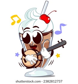 mascot character of a milkshake glass with a funny face playing an old banjo, isolated cartoon vector illustration. emoticon, cute milkshake glass mascot