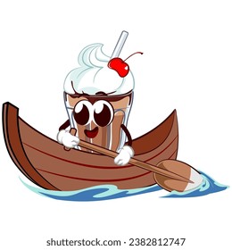 mascot character of a milkshake glass with a funny face rowing a canoe, isolated cartoon vector illustration. emoticon, cute milkshake glass mascot
