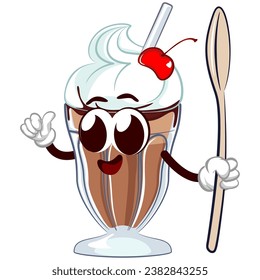 mascot character of a milkshake glass with a funny face carrying a spoon and giving a thumbs up, isolated cartoon vector illustration. emoticon, cute milkshake glass mascot