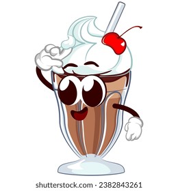 mascot character of a milkshake glass with a funny face poking his own cream with a finger, isolated cartoon vector illustration. emoticon, cute milkshake glass mascot