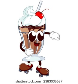mascot character of a milkshake glass with a funny face skating on roller skates, isolated cartoon vector illustration. emoticon, cute milkshake glass mascot