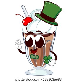 mascot character of a milkshake glass with a funny face carrying a clover leaf wearing a green bow tie and a leprechaun hat, isolated cartoon vector illustration. emoticon, cute milkshake glass mascot