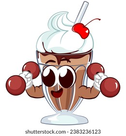 mascot character of a milkshake glass with a funny face practicing lifting a barbell, isolated cartoon vector illustration. emoticon, cute milkshake glass mascot