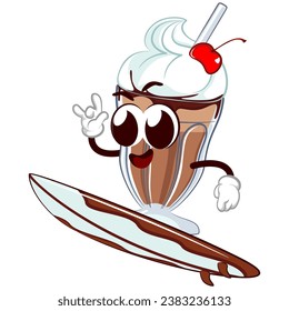 mascot character of a milkshake glass with a funny face surfing with a surfboard, isolated cartoon vector illustration. emoticon, cute milkshake glass mascot