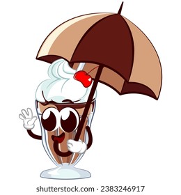 Maskottcharakter eines Milchshake-Glases mit einem lustigen Gesicht mit einem Regenschirm, der hallo sagt, einzelne Cartoon-Vektorgrafik. Emoticon, süßes Milchshake-Glas-Maskottchen