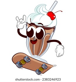 mascot character of a milkshake glass with a funny face sliding on a skateboard, isolated cartoon vector illustration. emoticon, cute milkshake glass mascot