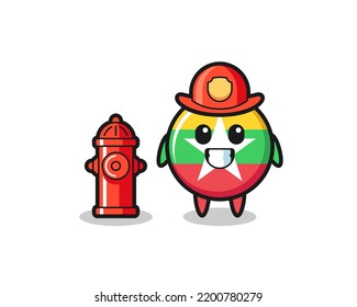 Mascot character of myanmar flag badge as a firefighter , cute design