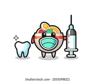 Mascot character of noodle bowl as a dentist , cute style design for t shirt, sticker, logo element