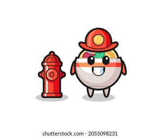 Mascot character of noodle bowl as a firefighter , cute style design for t shirt, sticker, logo element
