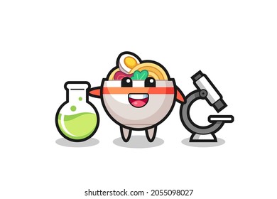 Mascot character of noodle bowl as a scientist , cute style design for t shirt, sticker, logo element