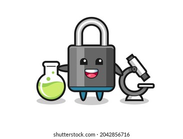 Carácter mascota del candado como científico, diseño de estilo lindo para camiseta, pegatina, elemento logo