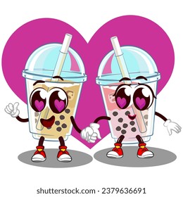 mascot character of a pair of iced boba glasses with a cute face posing sweetly in front of a pink heart, isolated cartoon vector illustration. emoticon, cute glass of iced boba mascot