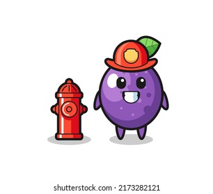 Mascot character of passion fruit as a firefighter , cute style design for t shirt, sticker, logo element