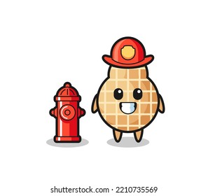 Carácter mascota de cacahuete como bombero, diseño lindo