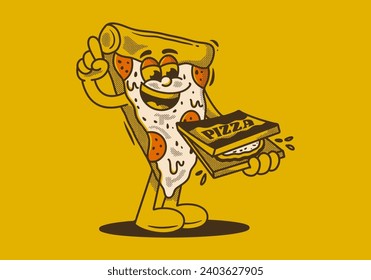 Mascot character of pizza holding a box pizza