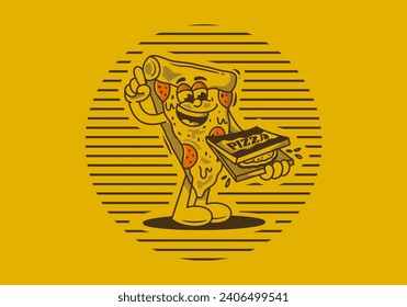 Mascot character of pizza holding a box pizza