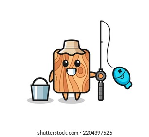 Carácter mascota de madera de tablón como pescador, diseño lindo