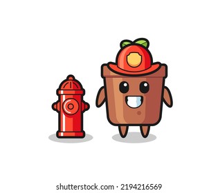 Mascot character of plant pot as a firefighter , cute style design for t shirt, sticker, logo element