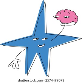 The mascot character, a positive blue star holds his brain in his hands, rejoices in his mind. Flat vector illustration. EPS10