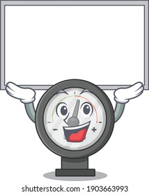 Mascot character of pressure gauge rise up a white board