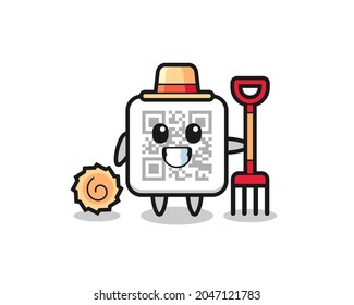 Mascot character of qr code as a farmer , cute design