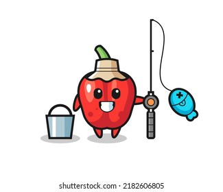 Mascot character of red bell pepper as a fisherman