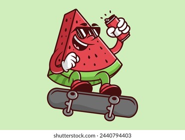 Mascot character of red watermelon on the skateboard. Holding a beer can