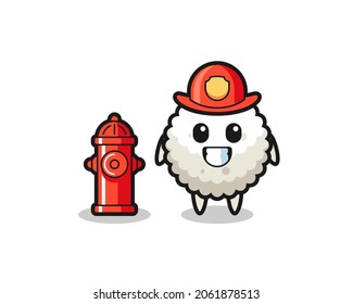 Mascot character of rice ball as a firefighter , cute style design for t shirt, sticker, logo element